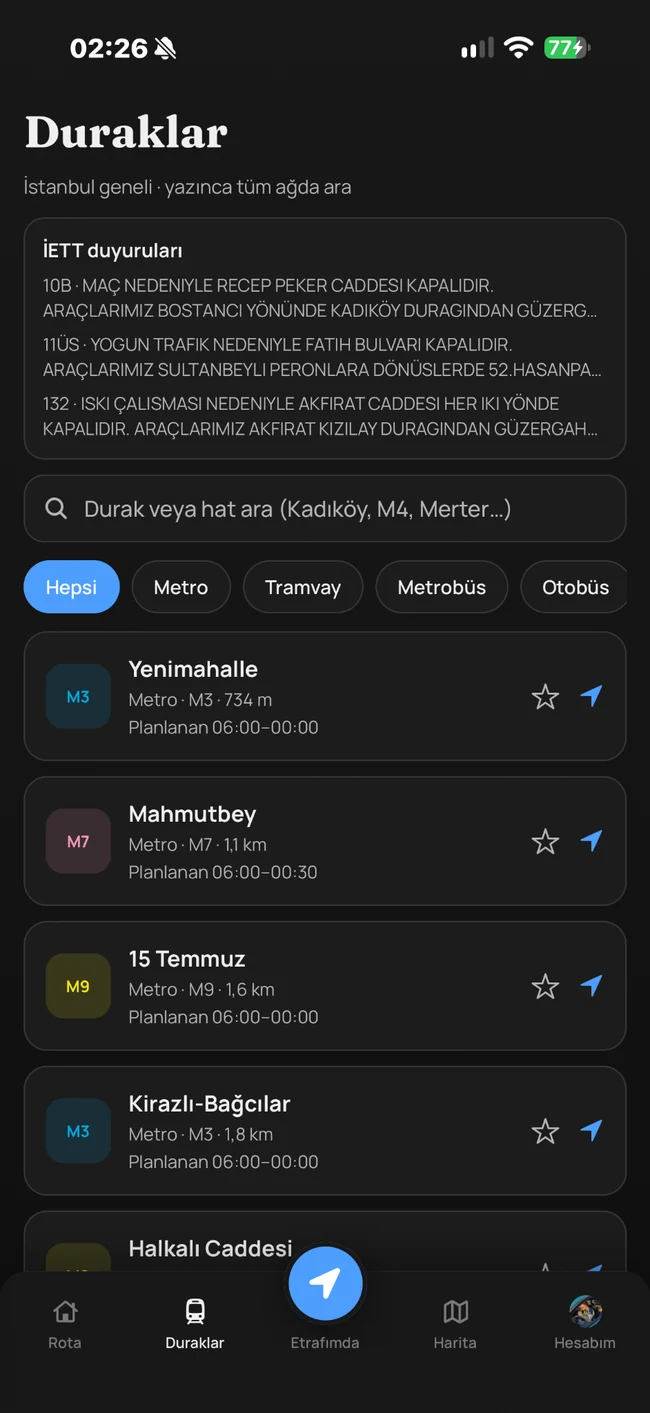 YolKaptan duraklar ekranı
